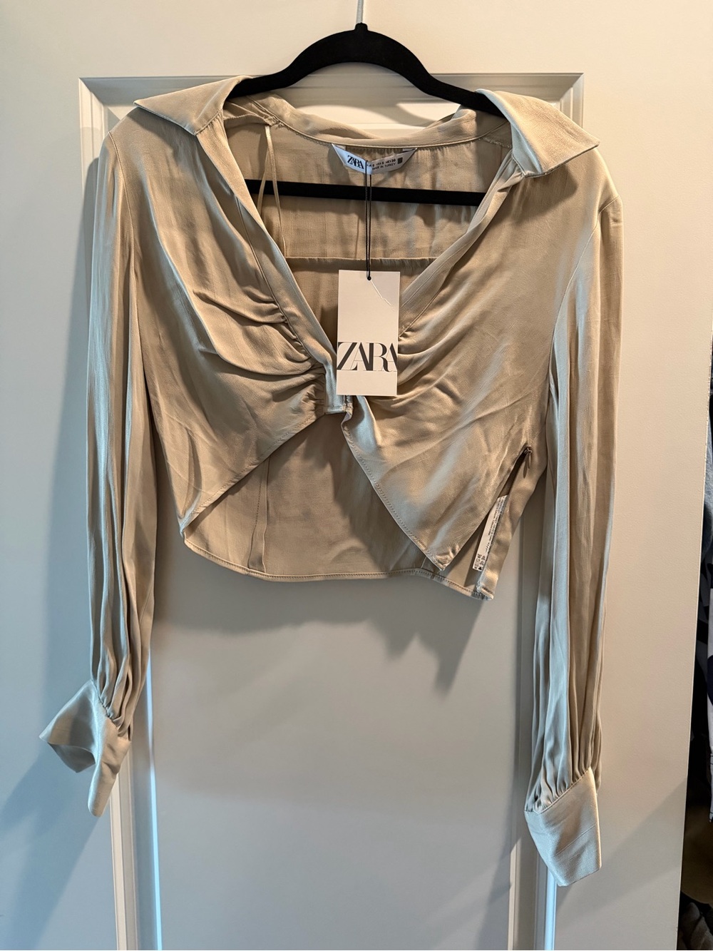 ZARA Neutral Beige Cropped Satin-Effect Ruched Blouse